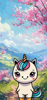 Illustrated unicorn with colorful mane in a blossoming landscape background.