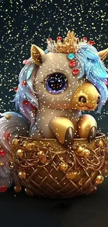 Cute baby unicorn in a golden basket with colorful mane and gem decorations.