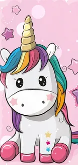 Cute unicorn with rainbow mane on pink background.