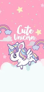 Cute unicorn with rainbows on pink background, perfect for mobile wallpaper.