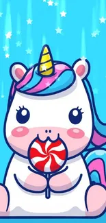 Cute unicorn holding a lollipop on a vibrant blue background.