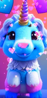 Adorable blue unicorn with hearts wallpaper for mobile devices.