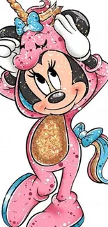 Cute cartoon mouse in a pink unicorn costume illustration.