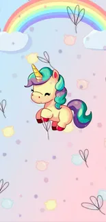 Cute unicorn with rainbow on pastel background wallpaper.