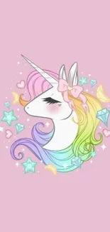 Cute unicorn with pastel rainbow mane on a pink background.