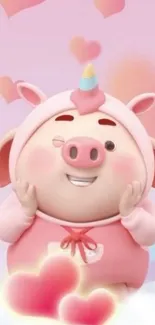 Cute winking pig in unicorn costume with pink hearts on a mobile wallpaper.