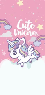 Cute unicorn wallpaper with pink background, rainbows, and stars.