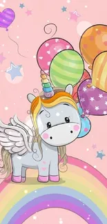 Cute unicorn wallpaper with pastel colors, balloons, and a rainbow.