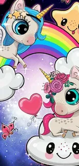 Cute unicorns with rainbow and clouds on a vibrant mobile wallpaper.