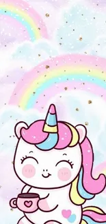 Cute unicorn holding a cup with pastel rainbows and clouds.