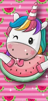 Playful unicorn with watermelon on pink striped background.