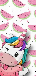 Playful pastel unicorn holding watermelon with pink slices.