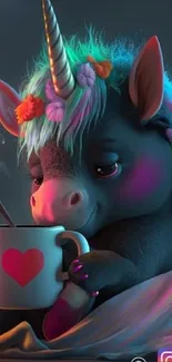 A cute 3D unicorn sipping from a heart mug, wrapped in a blanket.