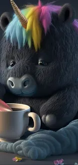 Cute unicorn with colorful mane enjoying tea.