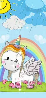 Cute unicorn with rainbow on a sky blue background.