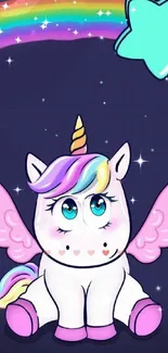 Whimsical unicorn with rainbow wings under a starry sky.