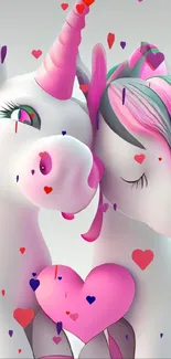 Cute unicorns with pink accents and hearts, perfect for a mobile wallpaper.