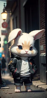 Cute cartoon bunny in jacket on city street.