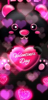 Cute bear holding heart Valentine's Day wallpaper in pink and black.