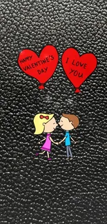 Cartoon couple with Valentine's hearts on textured black background.