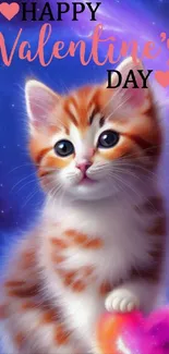 Cute kitten Valentine's Day wallpaper with heart and cosmic background.