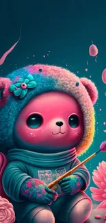 Vibrant illustration of a cuddly bear in a magical setting with flowers.