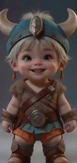 Cute cartoon baby dressed as a Viking with teal helmet.