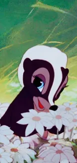 Adorable skunk amidst daisies in a vintage cartoon style.