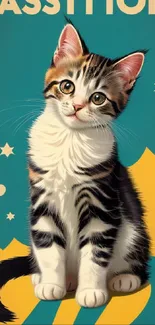 Charming vintage-style wallpaper featuring a cute kitten on a colorful background.