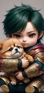 Adorable warrior with a puppy, digital art illustration on a gray background.