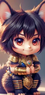 Cute chibi cat with golden armor in warrior theme.