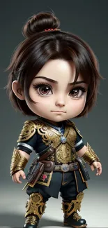 Cute warrior character with gold armor and dark gray background.