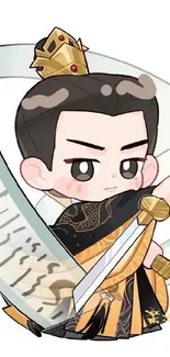 Chibi cartoon warrior with a sword and scroll, standing confidently.