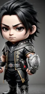 Chibi warrior with detailed armor in a grey backdrop.