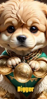 Adorable puppy in golden warrior armor, cute phone wallpaper.