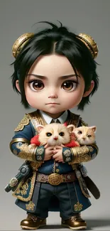 Adorable 3D warrior holding kittens in vibrant attire on gray background.