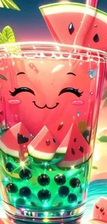 Smiling watermelon bubble tea with bright colors and cartoon style.