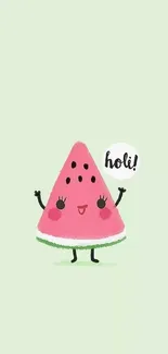 Adorable cartoon watermelon on light green background.