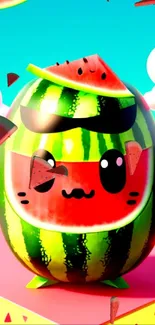 Cute kawaii watermelon cartoon with sunglasses on pink platform.