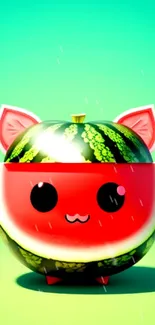 Adorable watermelon cat with bright green and red colors on a vibrant background.