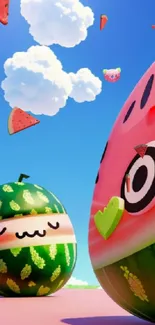 Colorful cartoon watermelon wallpaper with a bright blue sky.