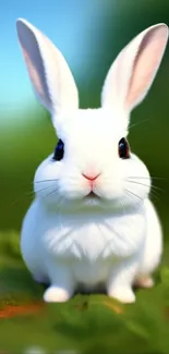 Adorable white bunny with green background, perfect for mobile wallpaper.