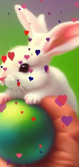 Adorable white bunny on a vibrant green background.