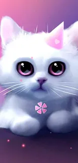 Cute white cat with fantasy elements in a whimsical wallpaper.