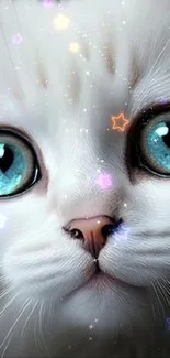 Close-up of a cute white cat with expressive blue eyes on a dark background.