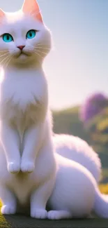 Fluffy white cat with blue eyes in a serene nature scene.