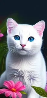 Adorable white cat with blue eyes surrounded by pink flowers in a whimsical setting.