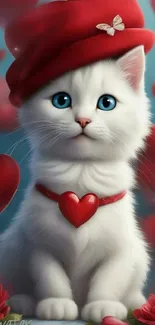 White cat with red hat and heart necklace with floating red hearts.