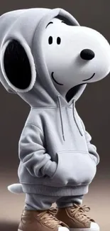 Cartoon dog in a gray hoodie with sneakers, standing confidently.