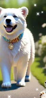 Adorable white puppy on flower-filled path.